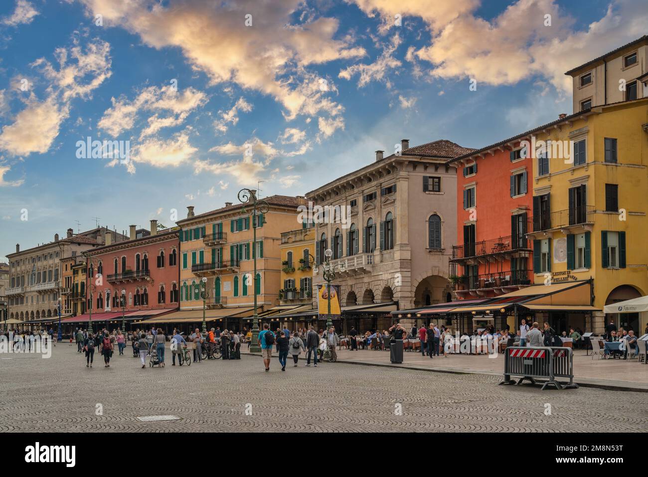 Verona, Italy - May 22, 2019 : city skyline at Piazza Bra town quare with many tourist Stock Photo