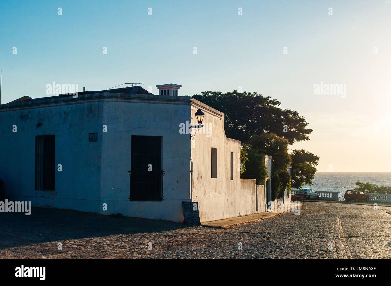 private white house at sunset. Uruguay, Montevideo - sep2022. High quality photo Stock Photo