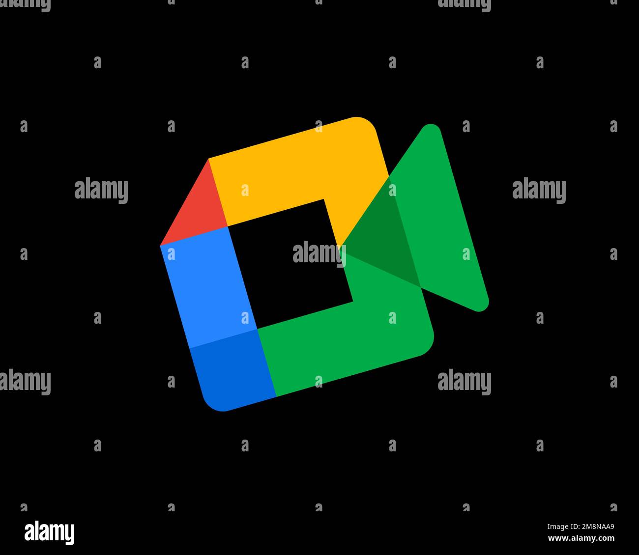 Google Meet, rotated logo, black background Stock Photo