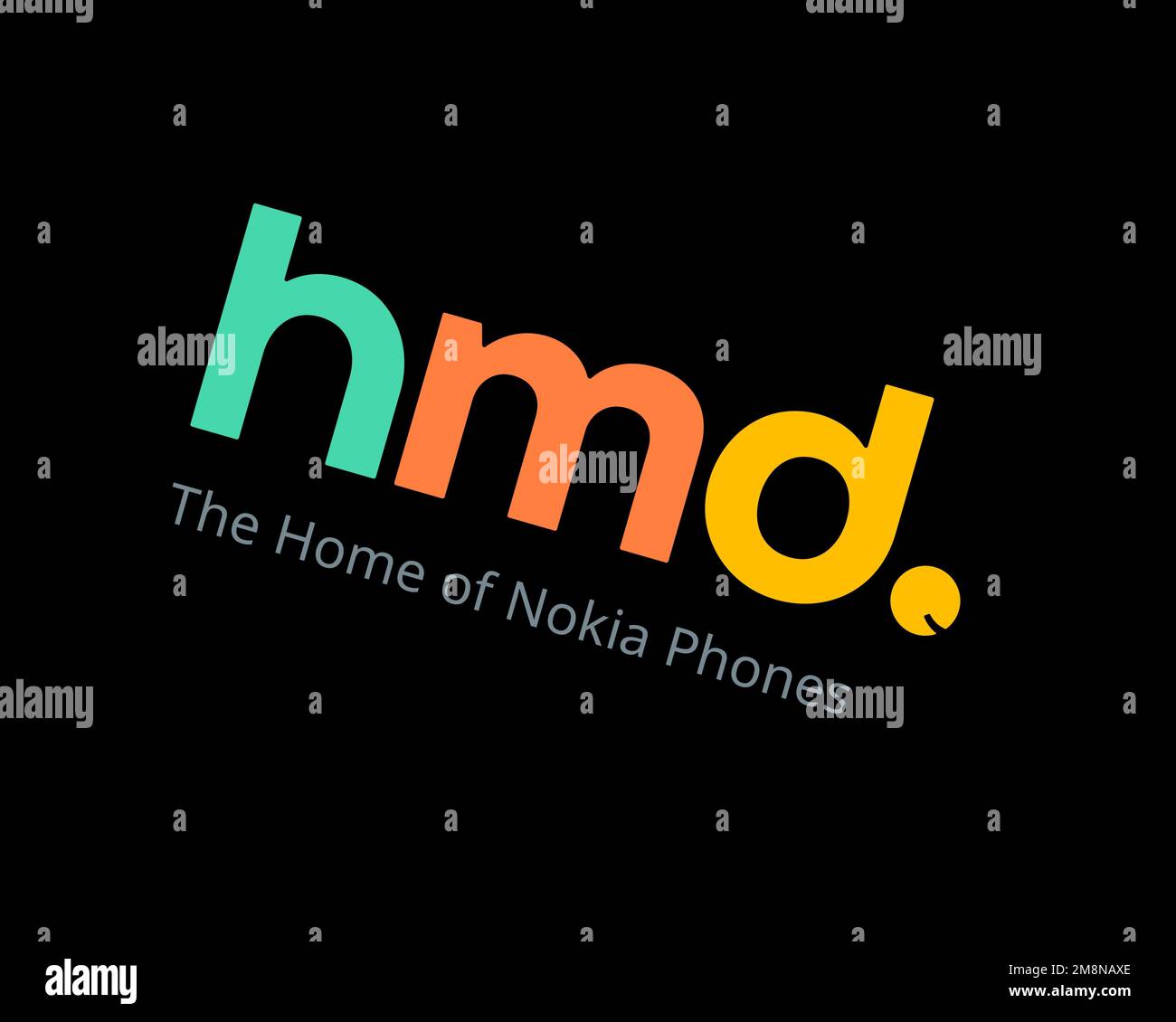 HMD Global, rotated logo, black background B Stock Photo