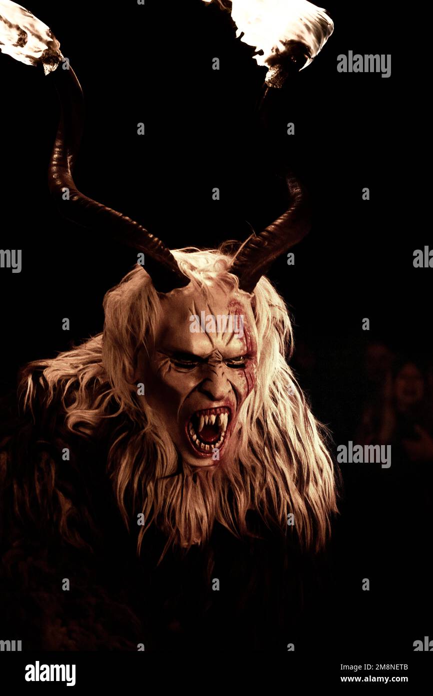 Klausen mask with burning horns in the dark, Erkheimer Klausen,  Unterallgaeu, Bavaria, Germany Stock Photo - Alamy