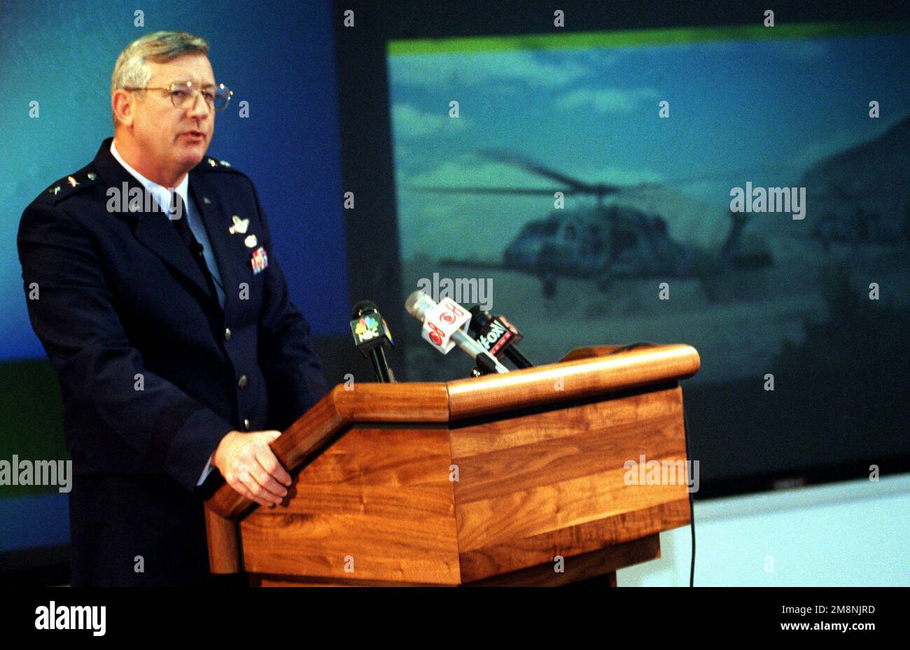 Major General David Macghee, Director of Air and Space Operations, Headquarters ACC at Langley Air Force Base, Virginia, offers his condolences on behalf of the Air Force to the families of airmen that were killed in the crash of two HH-60G Pave Hawk helicopters (not shown) on September 3, 1998. According to officials, the mid-air collision was caused by operator error and possible breakdown in crew coordination during close formation flying. Base: Nellis Air Force Base State: Nevada (NV) Country: United States Of America (USA) Stock Photo