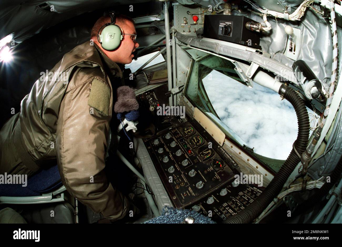 A boom operator from the 351st Air Refueling Squadron based at RAF