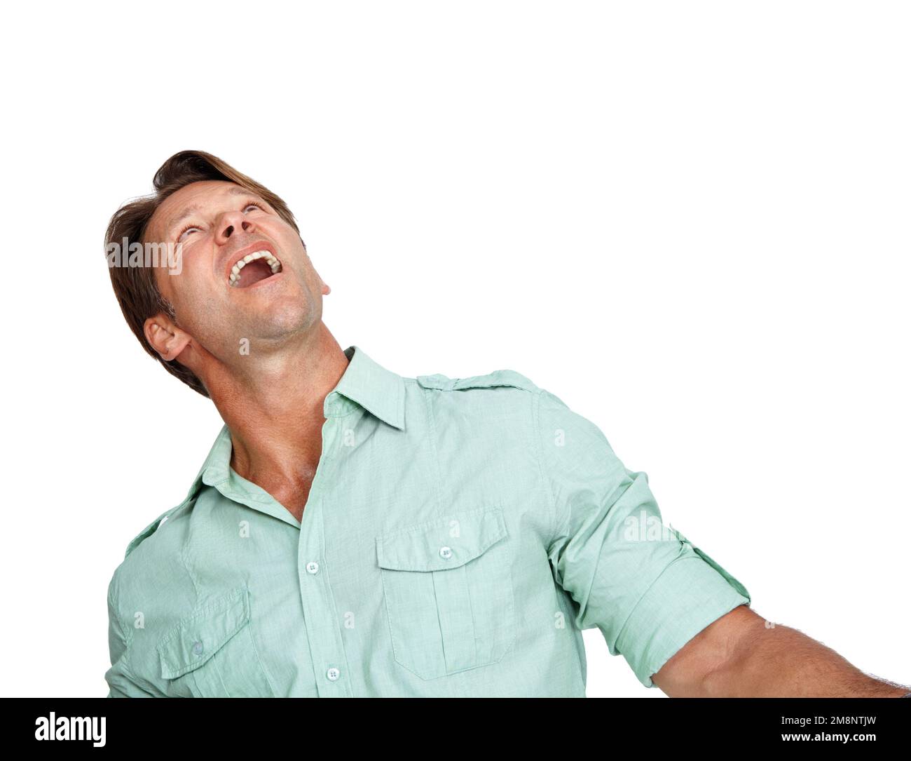 Shouting, mockup and branding with a man in studio isolated on a white ...