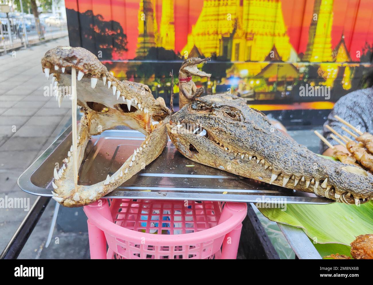 Crocodile meat for sale,skewered onto bamboo sticks,the dried heads on a silver tray, used to advertise the popular Thai meat,for sale near to a templ Stock Photo