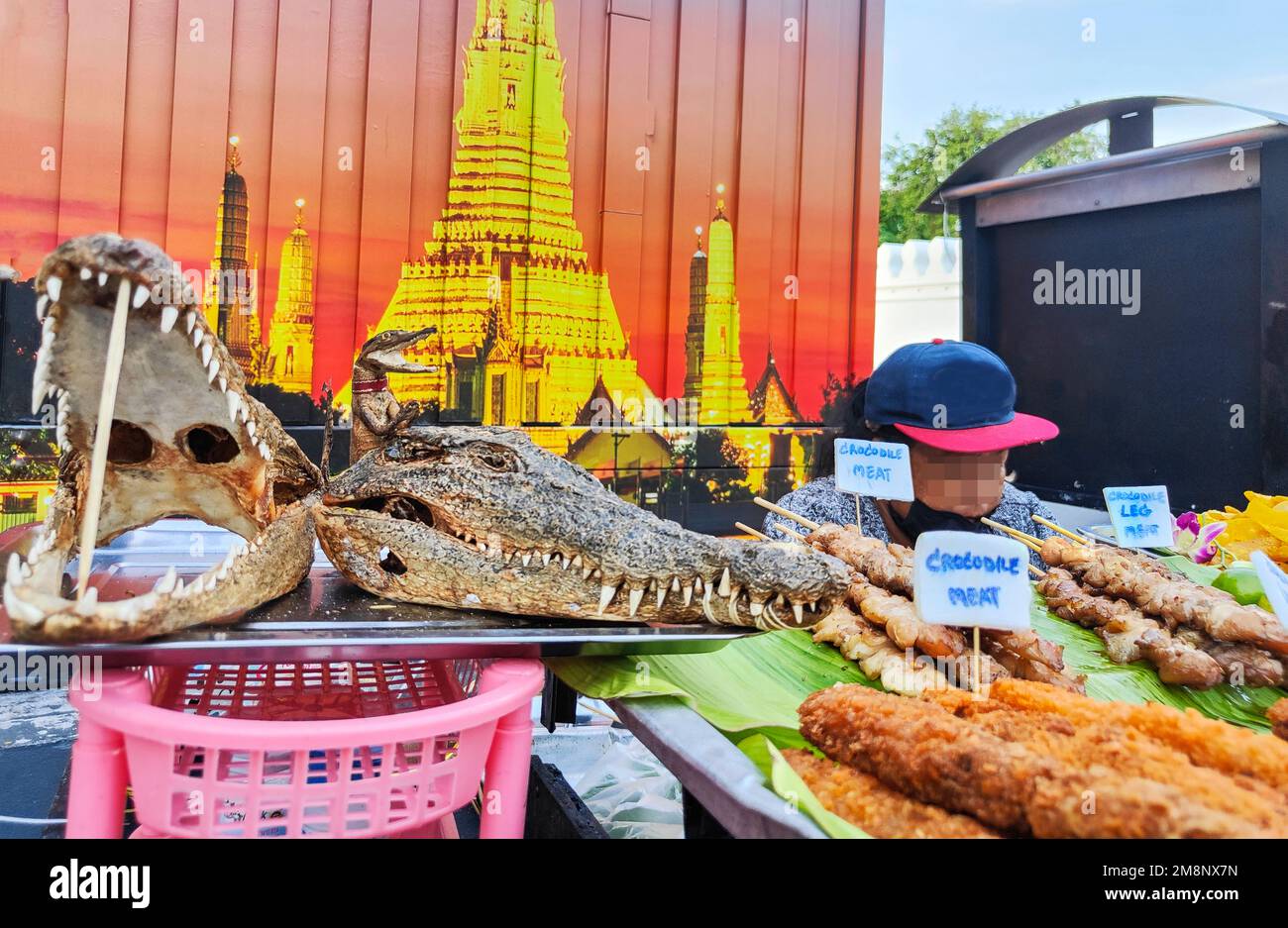 Crocodile meat for sale,skewered onto bamboo sticks,the dried heads on