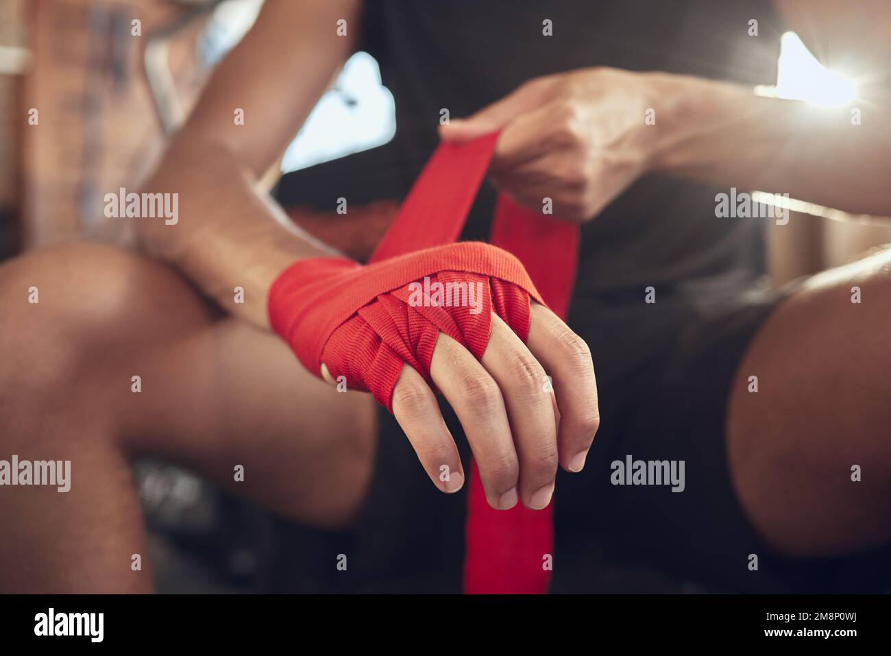 Mma boxer prepare for combat training. Hands of athlete getting ready