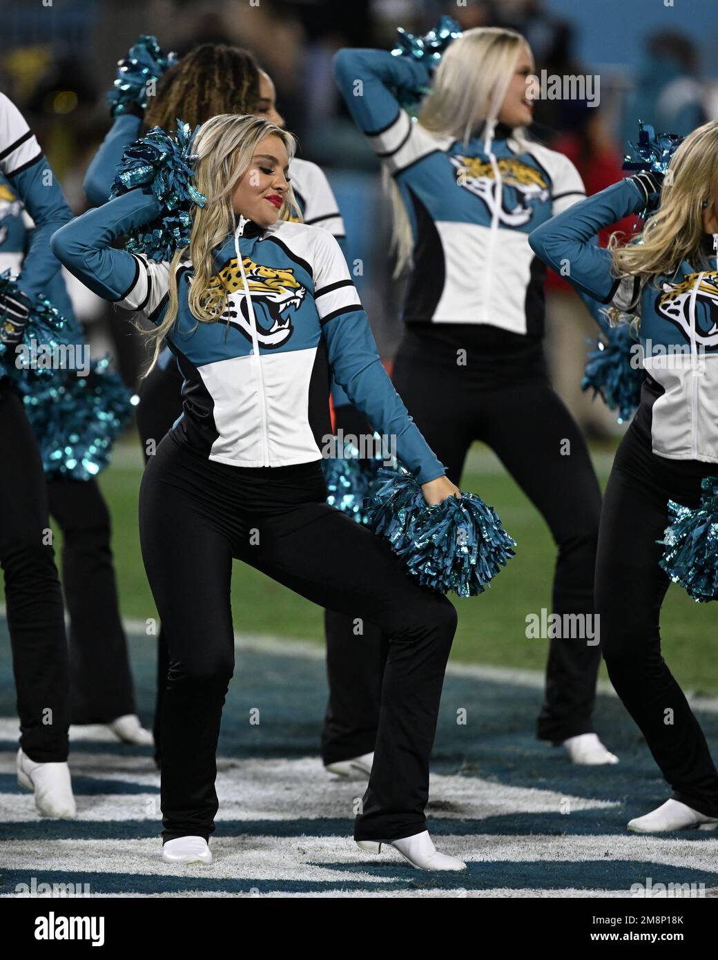 Jacksonville, USA. 14th Jan, 2023. Jacksnville Jaguars Cheerleaders perform in the second half as the Chargers compete against the Jaguars in the NFL Wildcard Playoff game at the TIAA Bank Field in Jacksonville, Florida on Saturday, January 14, 2023. The Jaguars defeated the Chargers on a come from behind victory by a score of 31-30. Photo by Joe Marino/UPI. Credit: UPI/Alamy Live News Stock Photo