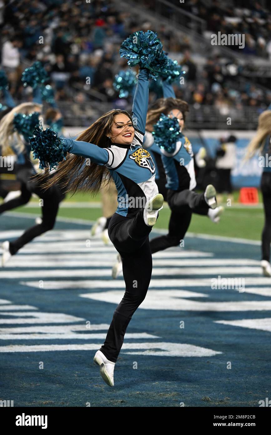 Jacksonville, USA. 14th Jan, 2023. Jacksonville Jaguars Cheerleaders perform in the first half as the Chargers compete against the Jaguars in the NFL Wildcard Playoff game at the TIAA Bank Field in Jacksonville, Florida on Saturday, January 14, 2023. The Jaguars defeated the Chargers on a come from behind victory by a score of 31-30. Photo by Joe Marino/UPI. Credit: UPI/Alamy Live News Stock Photo