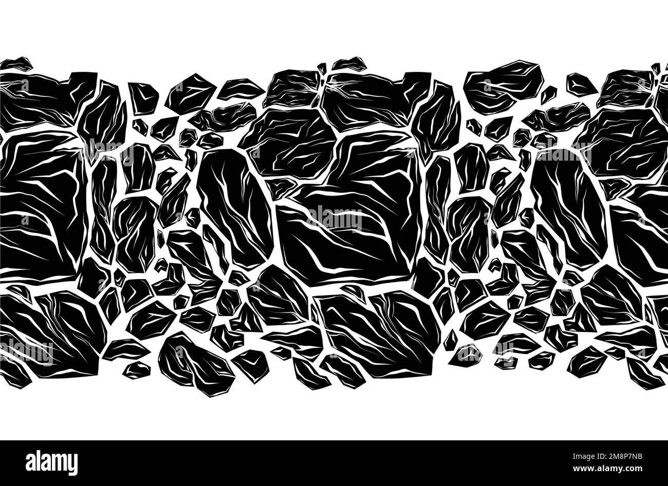 Horizontal vector seamless border with monochrome broken stones. Earthquake danger. Texture frame with black silhouette of smashed rocks with cracks o Stock Vector