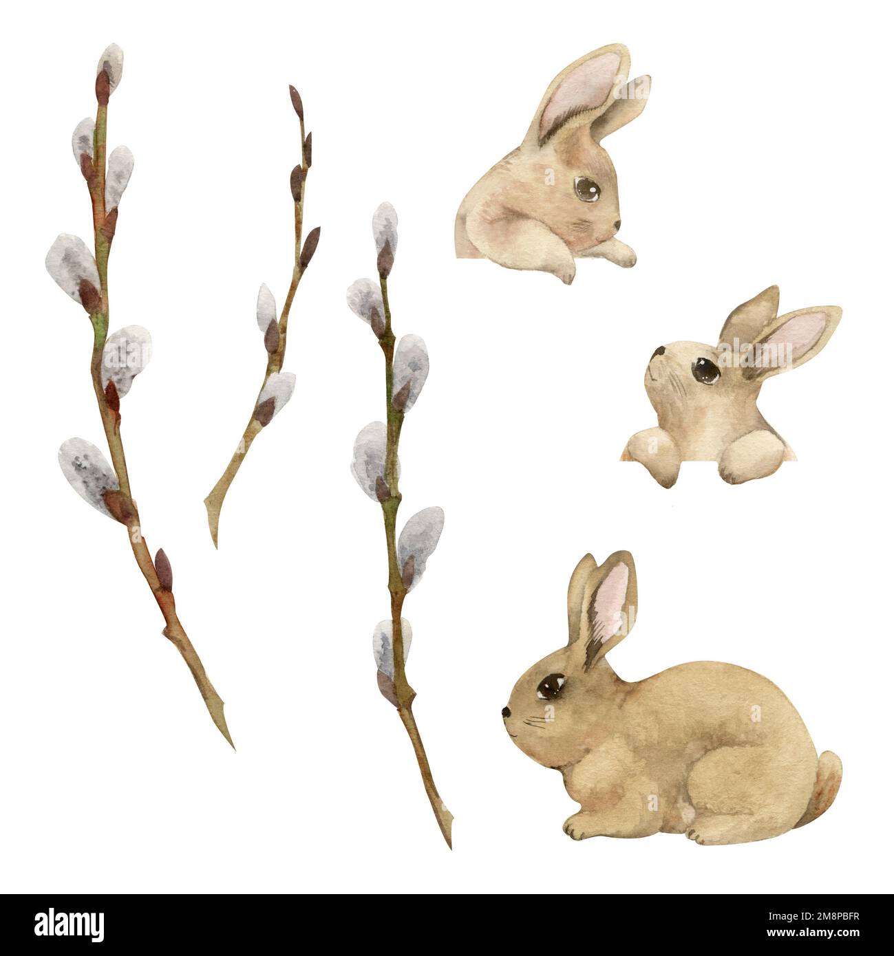 Watercolor hand drawn Easter celebration clipart. Set of cute bunnies