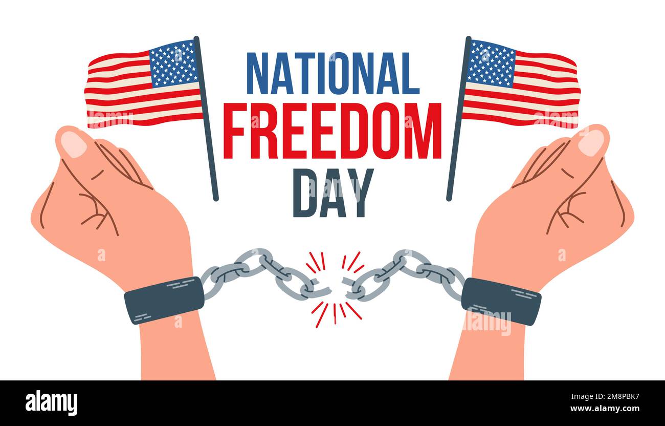 National Freedom Day. Freedom for all Americans. Vector illustration of hands in handcuffs and American flags Stock Vector