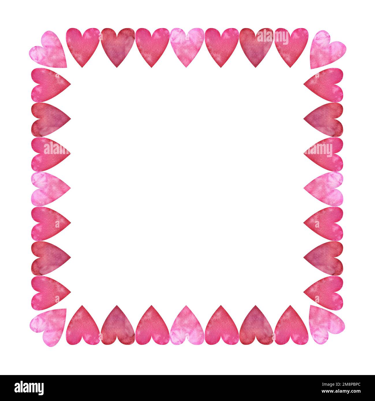 Watercolor hand drawn square frame of red, pink and purple hearts for ...