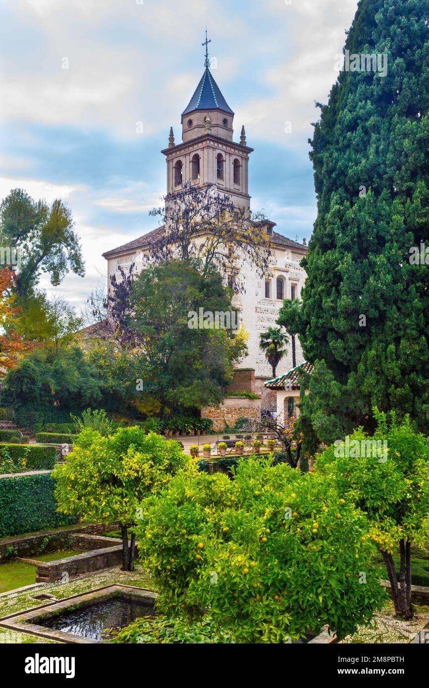 Cathedral and garden in famous Alhambra palace in Spain Stock Photo