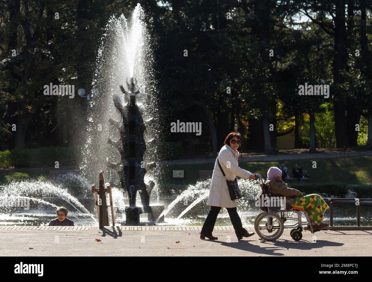 An older Japanese woman pushes another older woman in a wheelchair in Setagaya Park, Tokyo, Japan. Stock Photo