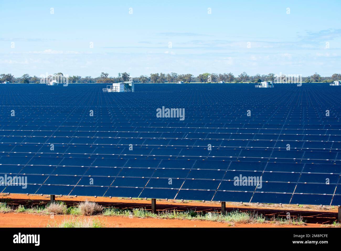 The large solar panel farm Nyngan in northwest New South Wales, Australia, covers 288Ha of land and produces 233,000 megawatt hours of power annually Stock Photo