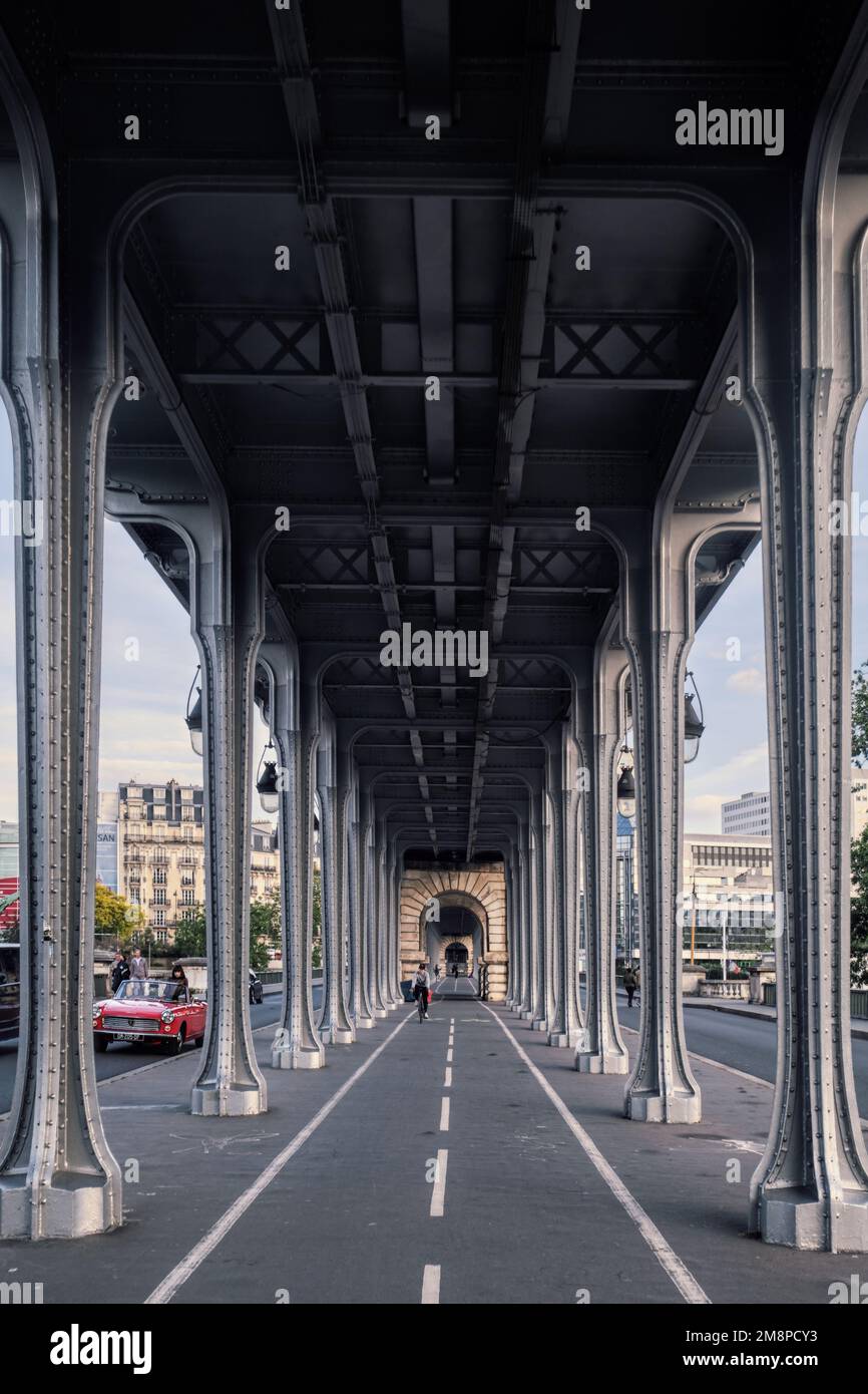 Paris, France - May, 2022: Perspective of the bir-hakeim  bridge (Viaduc de Passy) over seine river Stock Photo