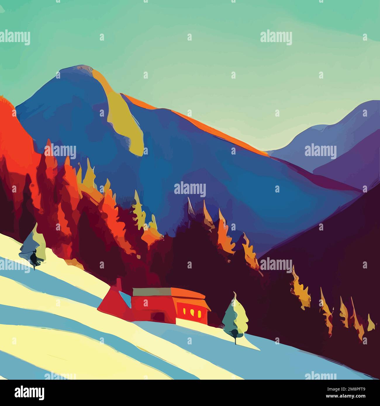 Winter mountain landscape with a red house in the mountains. Vector