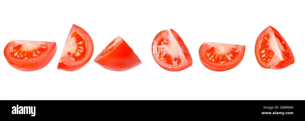 A set of quartered tomatoes from different angles. Isolated Stock Photo