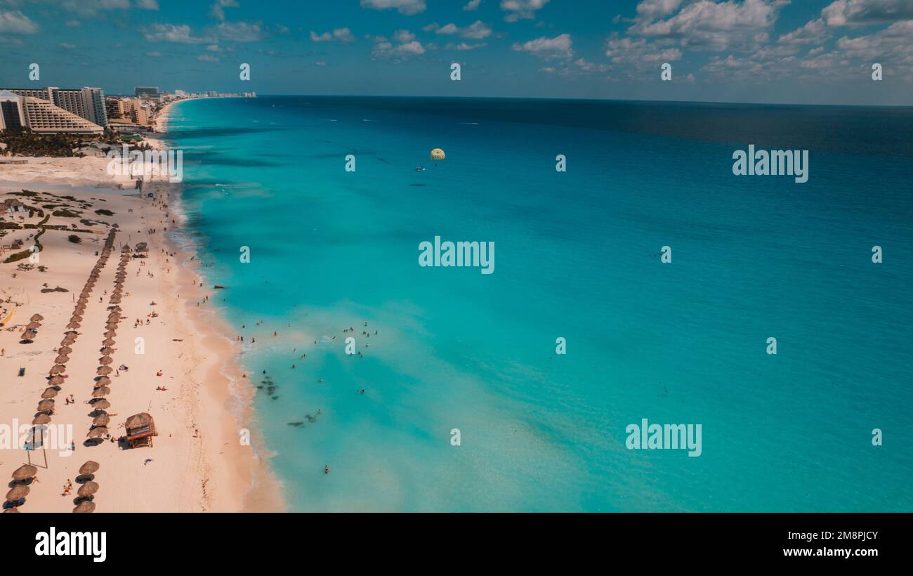 Aerial drone photo of a beach in Cancun, Mexico. Beautiful vacation place with turquoise blue ocean Stock Photo