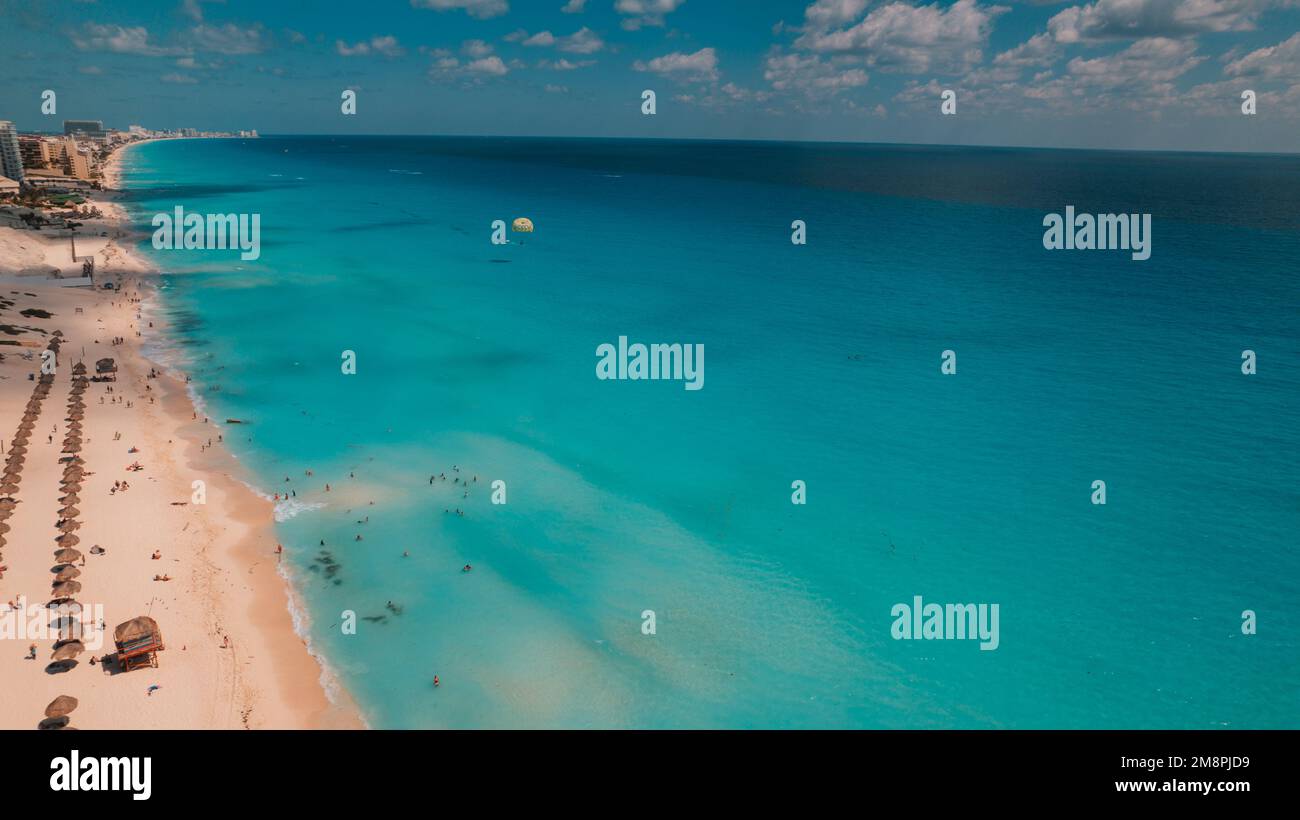 Aerial drone photo of a beach in Cancun, Mexico. Beautiful vacation place with turquoise blue ocean Stock Photo