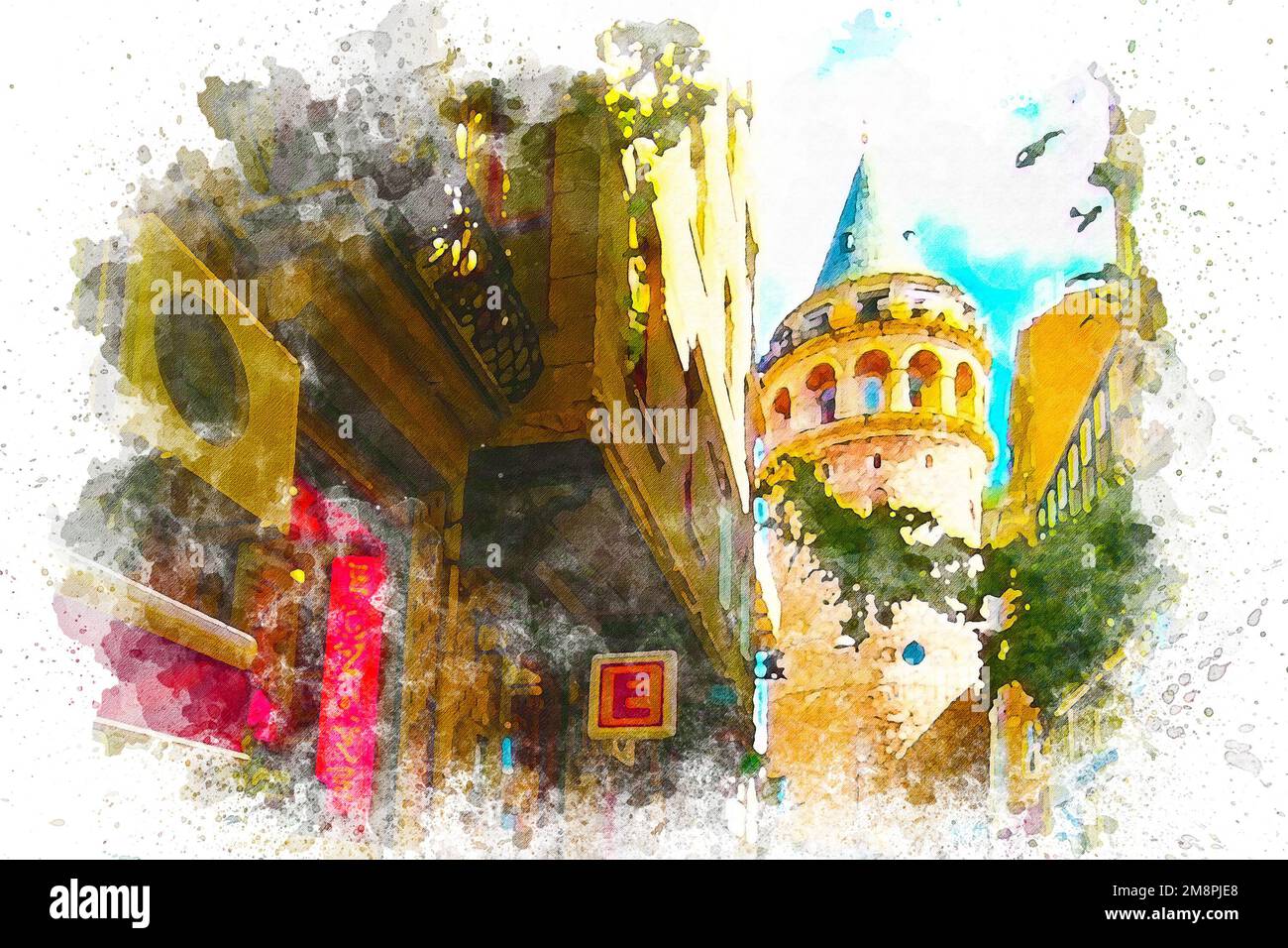 Watercolor art, view of galata tower from the street. Stock Photo