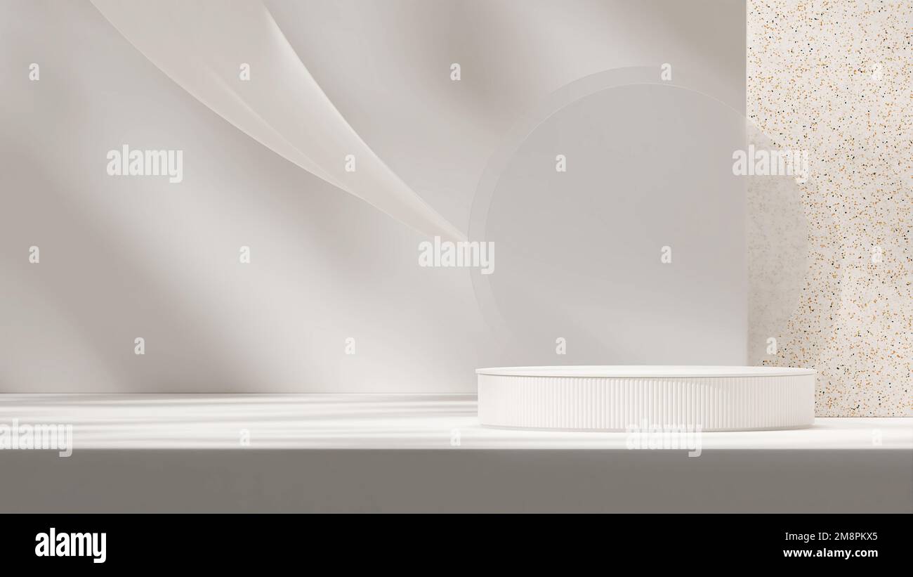A 3D rendering of a white product display podium against a marble wall ...