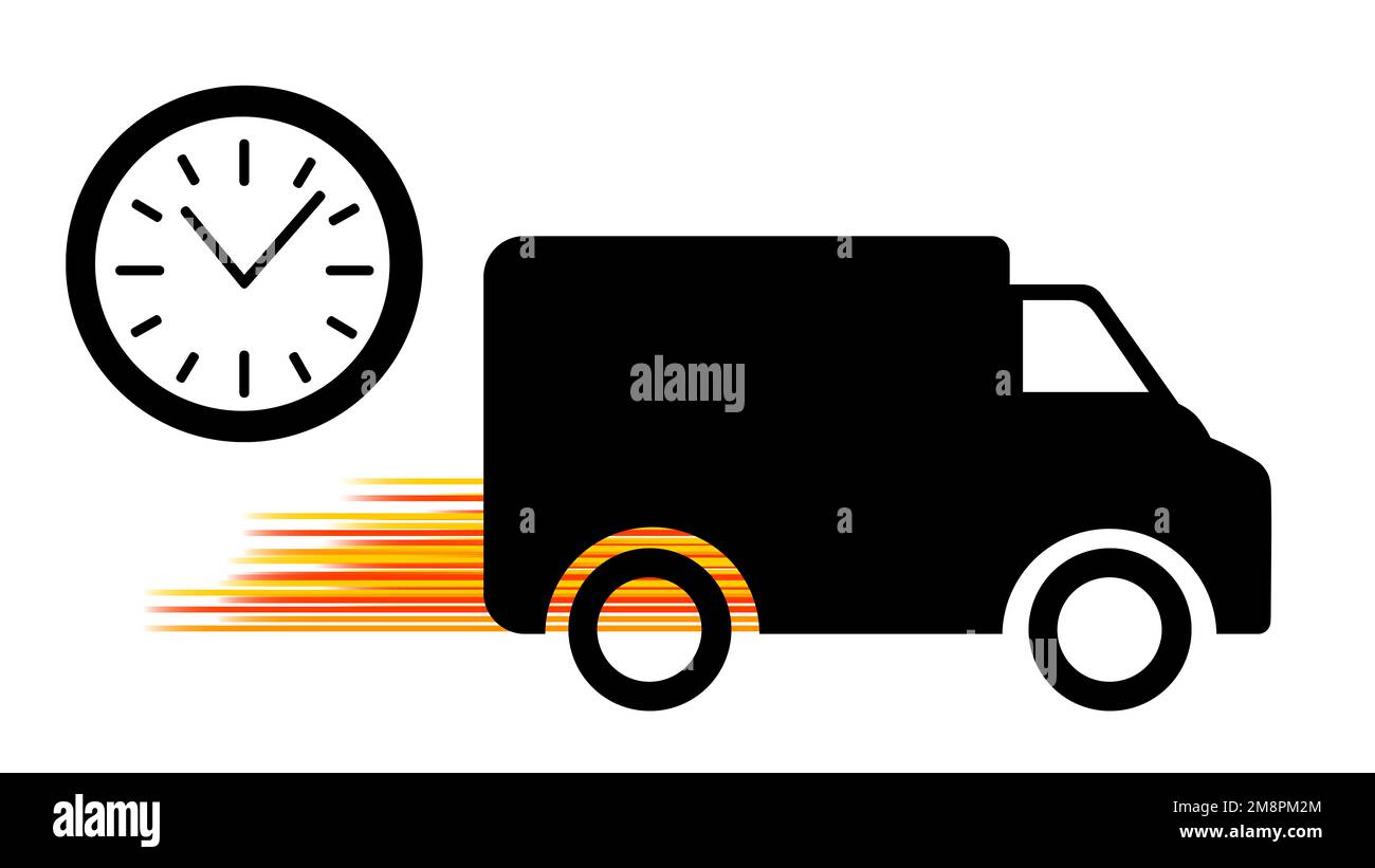 Black delivery truck icon on a white background. Black clock icon ...