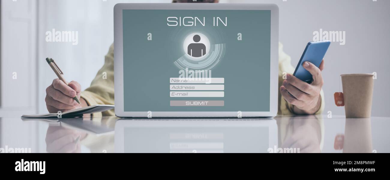 Man sign up and login. Registration, enter, sign in, membership concept ...