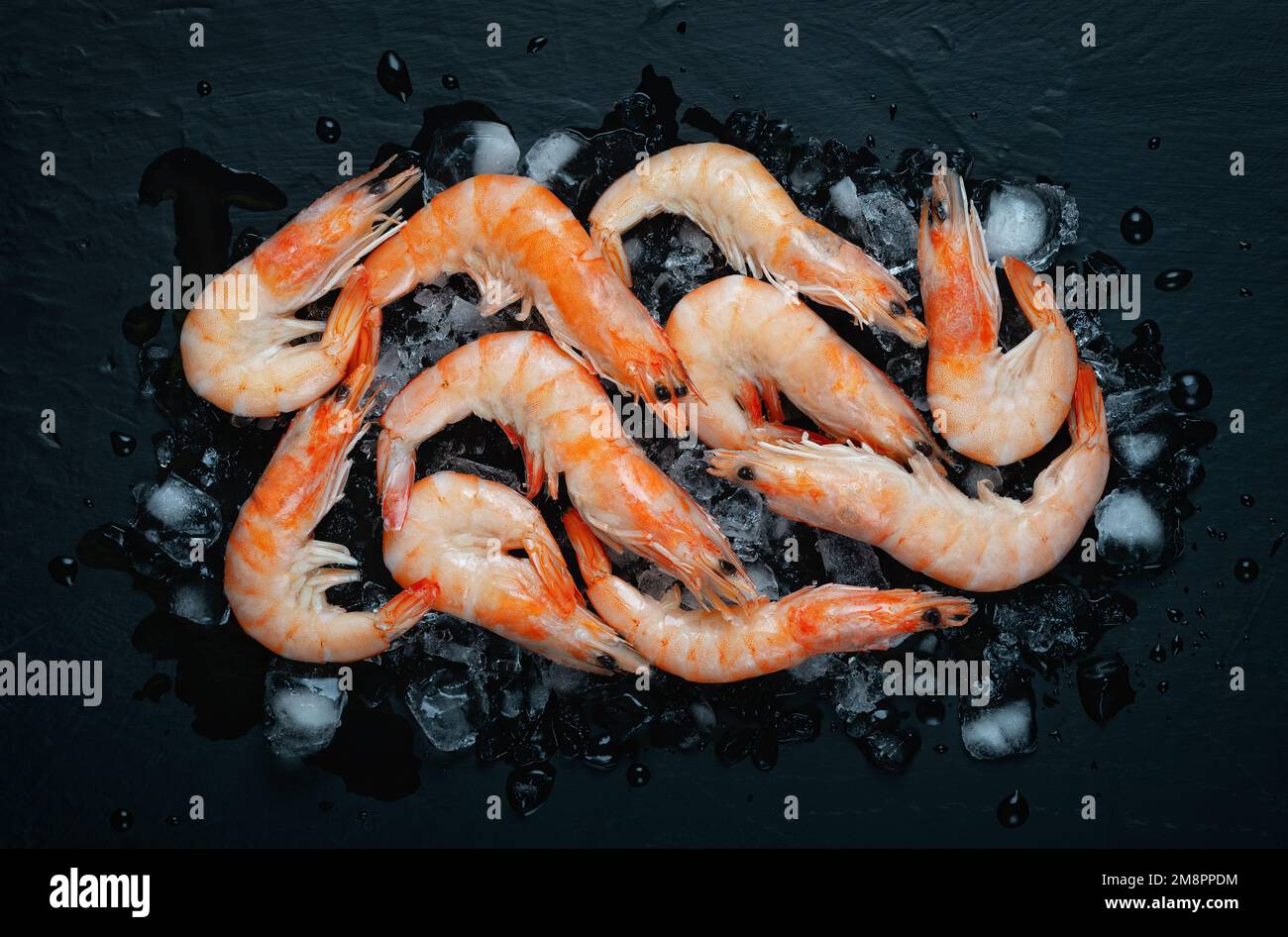 Food flat background, shrimp and ice on dark stone, top view Stock ...