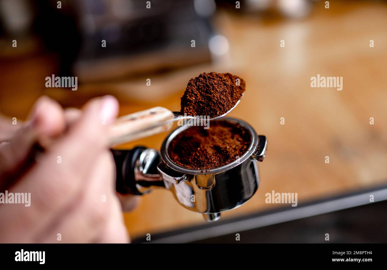 Cafe Process Coffee cappuccino preparation process with cafe maker Stock Photo - Alamy