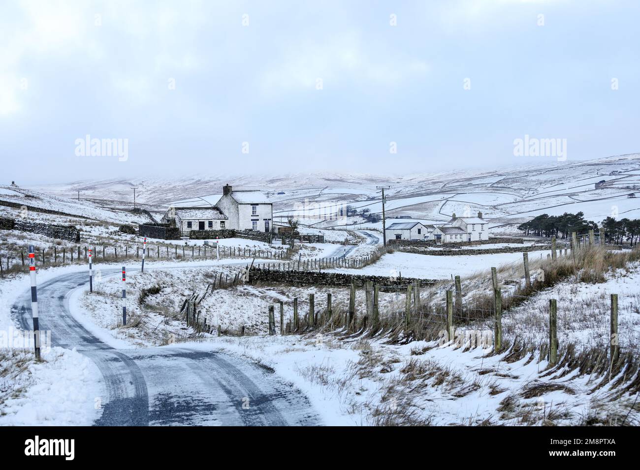 Teesdale, County Durham, UK. 15th January 2023. UK Weather. With a yellow weather warning in force snow and ice are affecting parts of Teesdale, County Durham, Northeast England today. The forecast is for a brighter afternoon, but remaining cold. Credit: David Forster/Alamy Live News Stock Photo