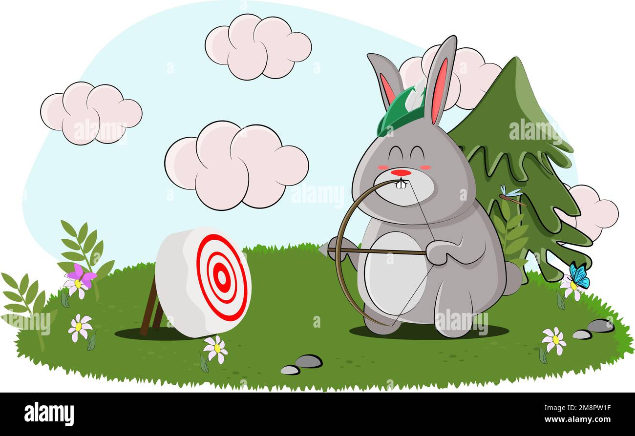 A cute bunny dressed up as Robin Hood and decided to shoot with a bow Stock Vector