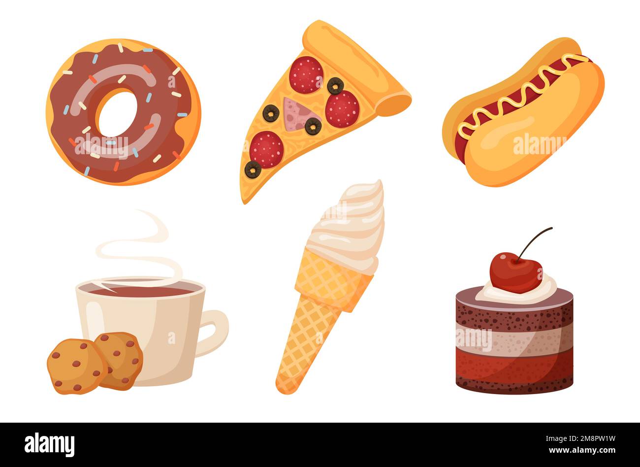food set donut ice cream cone cake hot dog pizza slice and cup of
