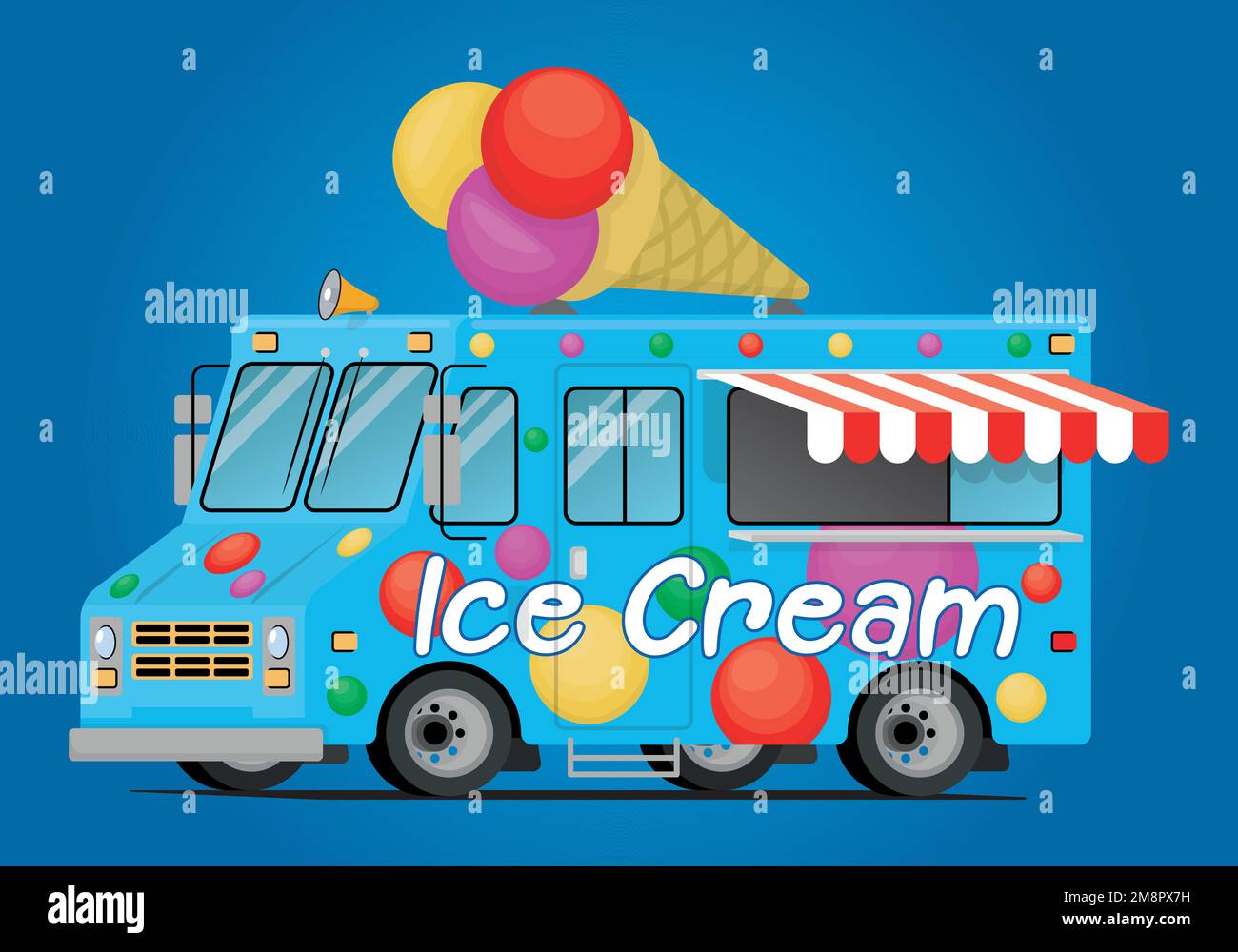 food truck with threescoop ice cream cone on the roof Stock Vector