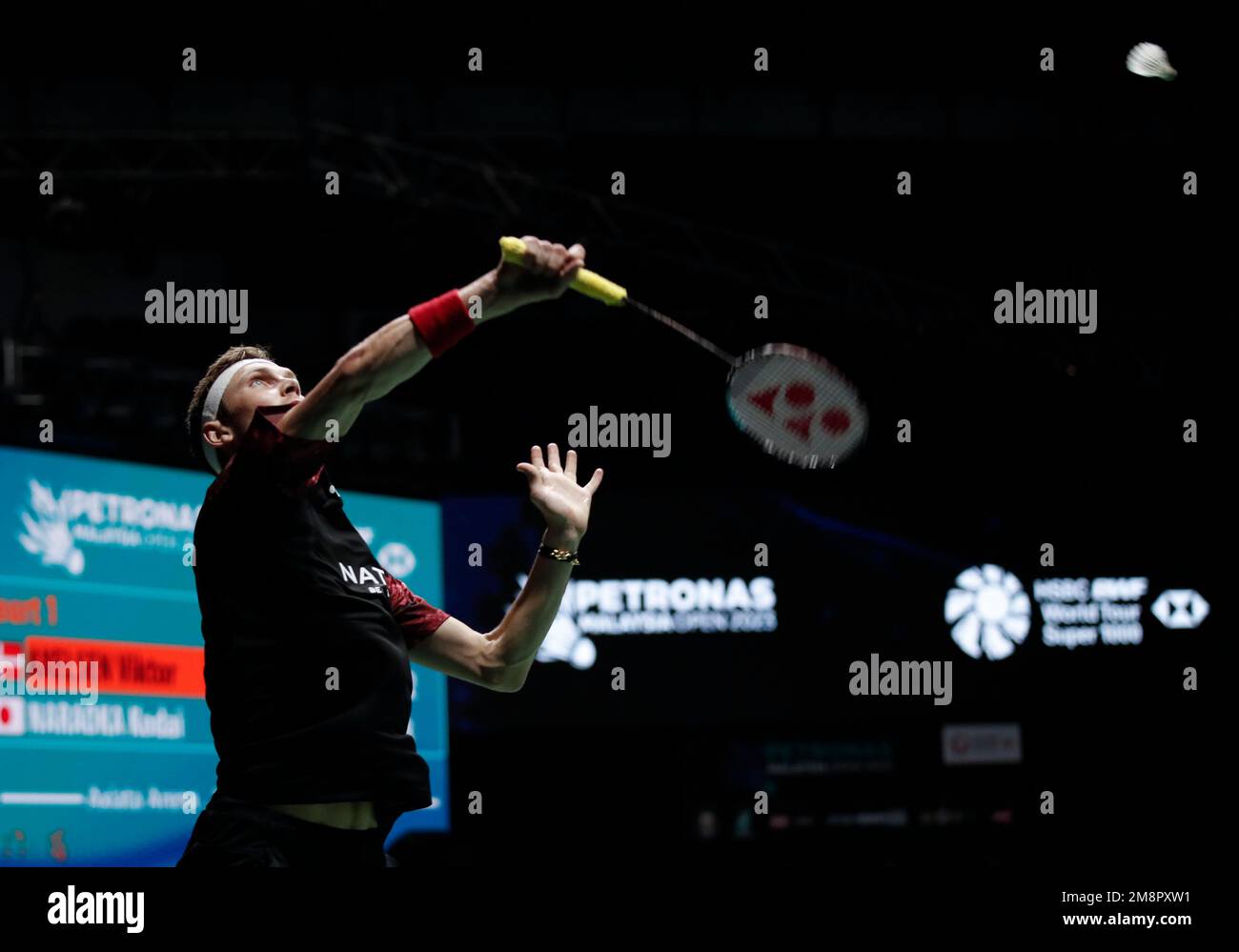 Viktor Axelsen of Denkmark plays against Kodai Naraoka of Japan during the Mens Single Finals match of the Petronas Malaysia Open 2023 at Axiata Arena.Viktor Axelsen of Denkmark won with scores; 21/21 