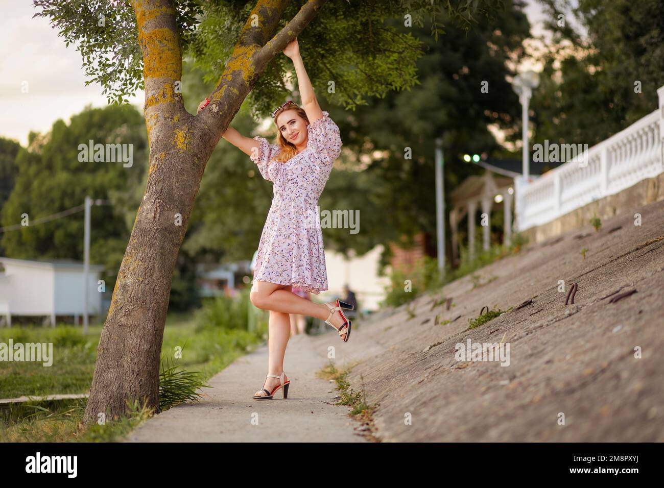 A beautiful young woman in a dress poses near a tree. Summer vacation and  carefree Stock Photo - Alamy