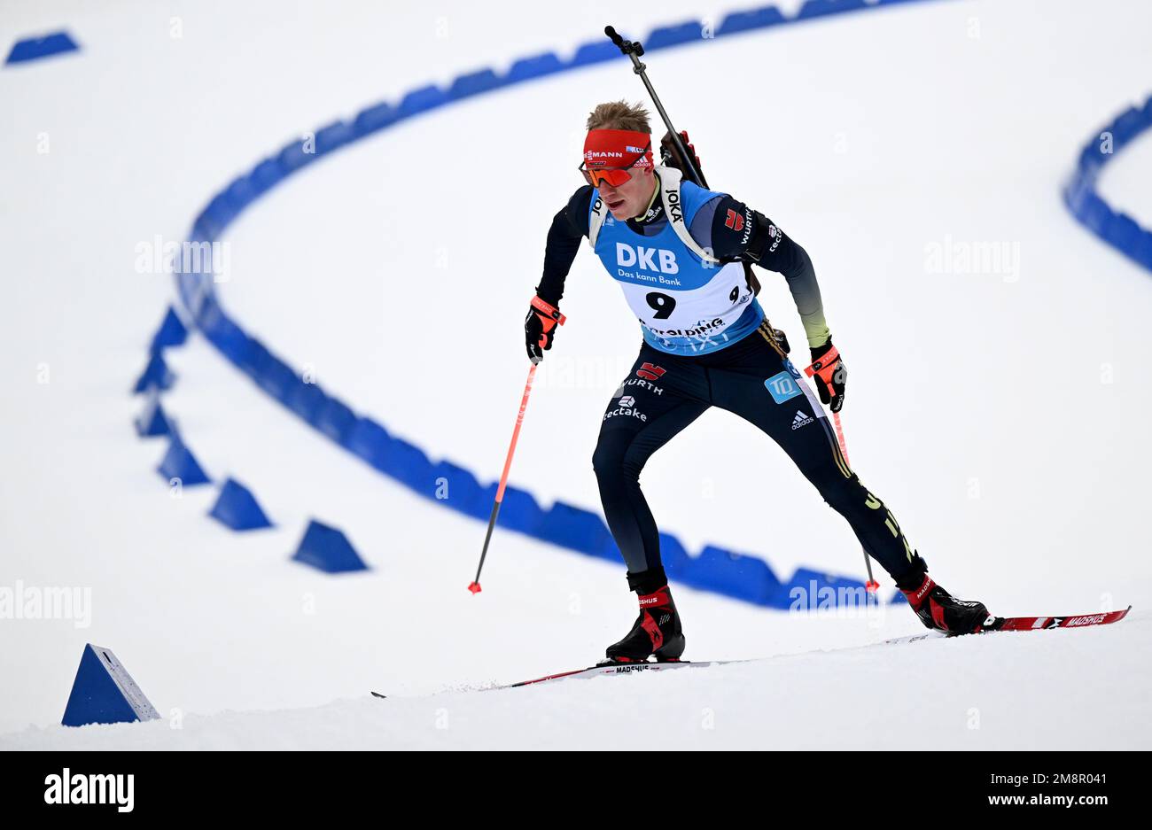 Ruhpolding, Germany. 15th Jan, 2023. Biathlon, World Cup, mass start 15  kilometers, men. Johannes Thingnes Bö from Norway cheers with Hulk hands  about his first place. Credit: Sven HoppedpaAlamy Live News Stock