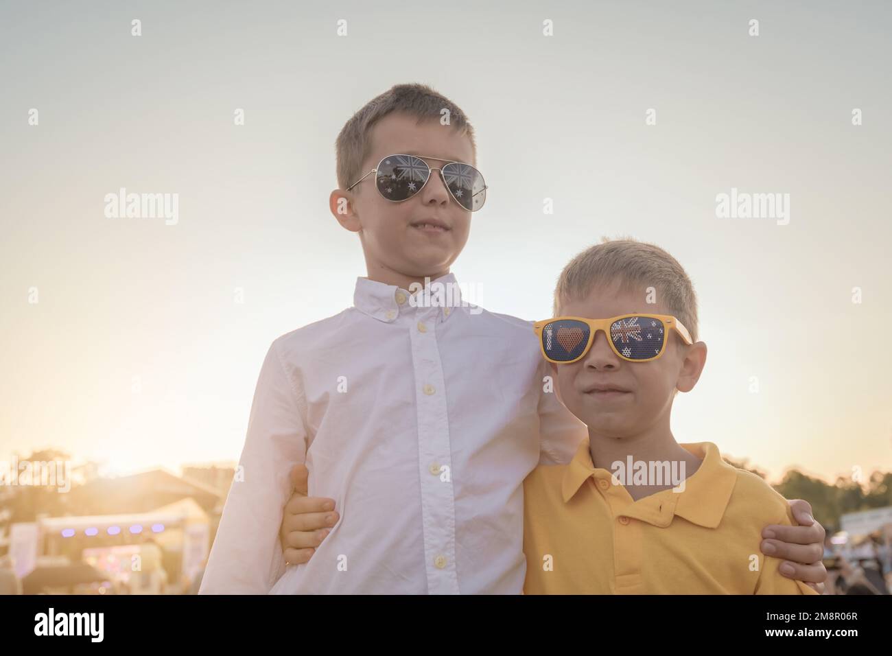 Two Australian kids watching  Australia Day Celebration concert in Adelaide city Stock Photo