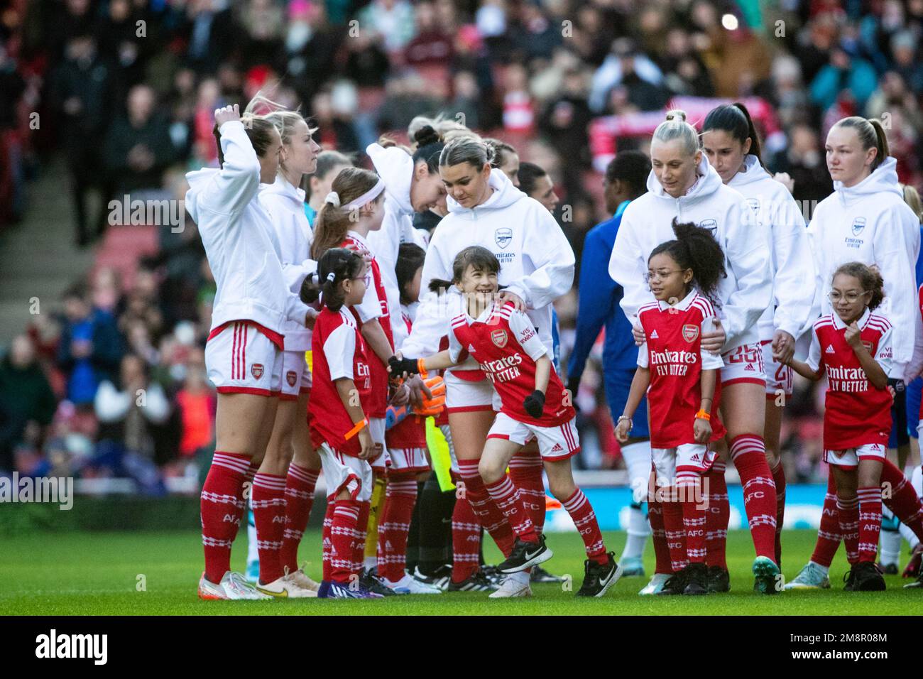 London, UK. 15th Jan, 2023. Players of Arsenal with mascots during the Barclays FA Womens Super League game between Arsenal and Chelsea at Emirates Stadium in London, England. (Liam Asman/SPP) Credit: SPP Sport Press Photo. /Alamy Live News Stock Photo