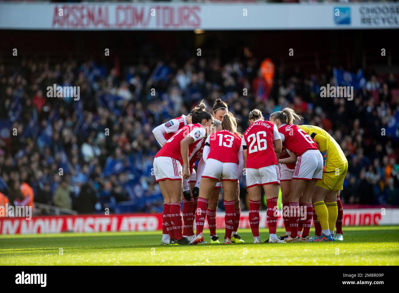 London, UK. 15th Jan, 2023. Players of Arsenal huddle prior to the start of the Barclays FA Womens Super League game between Arsenal and Chelsea at Emirates Stadium in London, England. (Liam Asman/SPP) Credit: SPP Sport Press Photo. /Alamy Live News Stock Photo