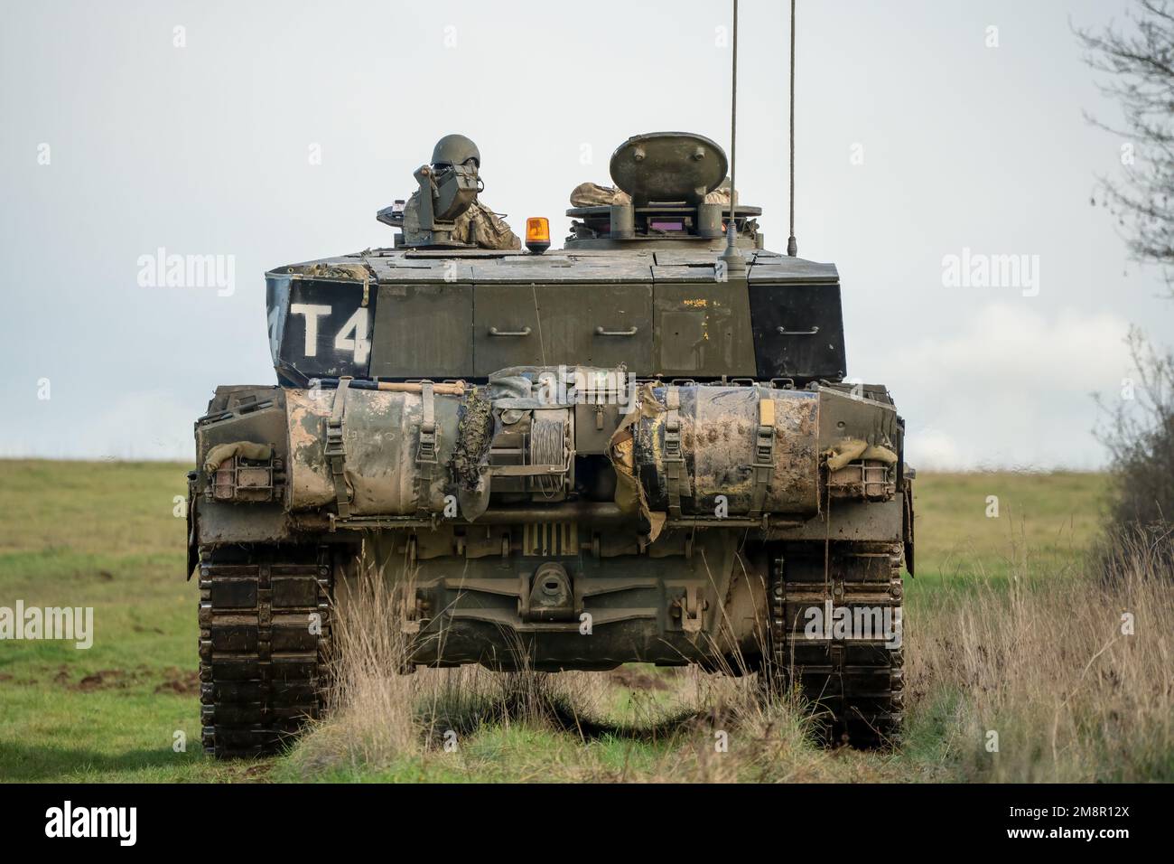 close-up of a British army FV4034 Challenger 2 ii main battle tank in action on a military combat exercise,Wiltshire UK Stock Photo