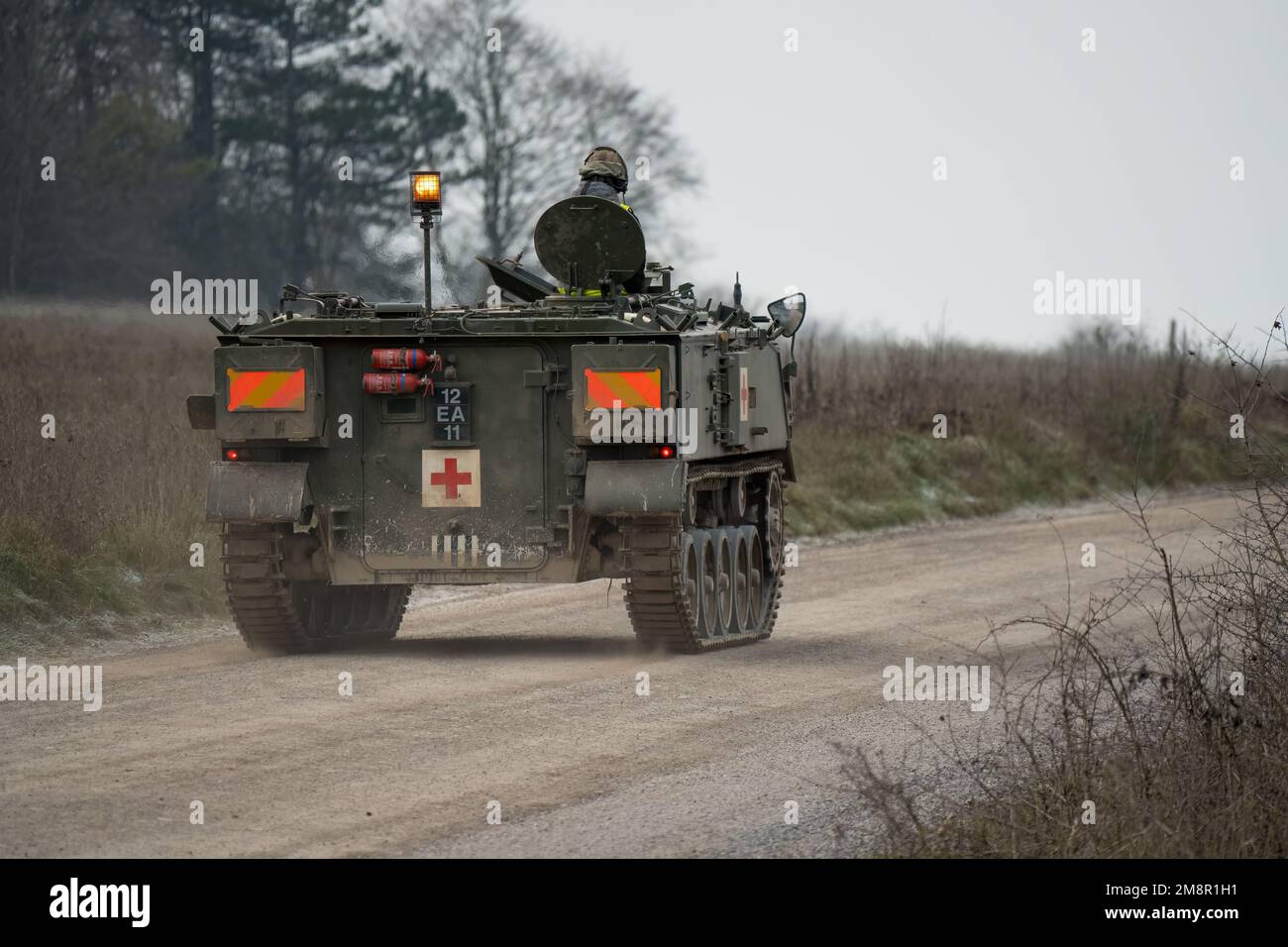 close-up of a British army Bulldog FV430 vehicle in action on a military combat exercise,Wiltshire UK Stock Photo