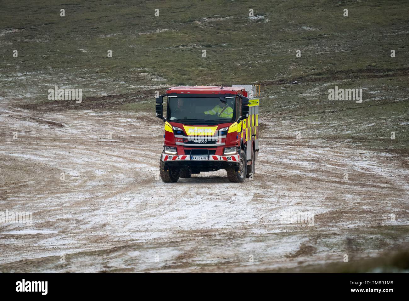 WX22 AHY Scania P370 XT Angloco Fire Engine from Trowbridge, Dorset and Wiltshire Fire and Rescue undergoing off-road driver training, Tidworth Wilts Stock Photo