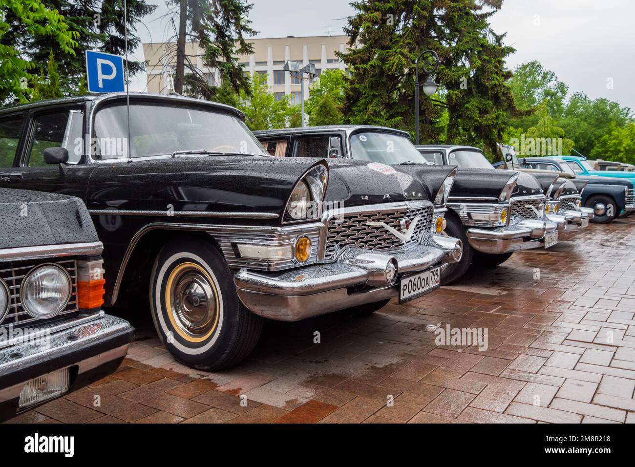 Black GAZ-13 Chaika at Classic Soviet Car Exhibition Stock Photo