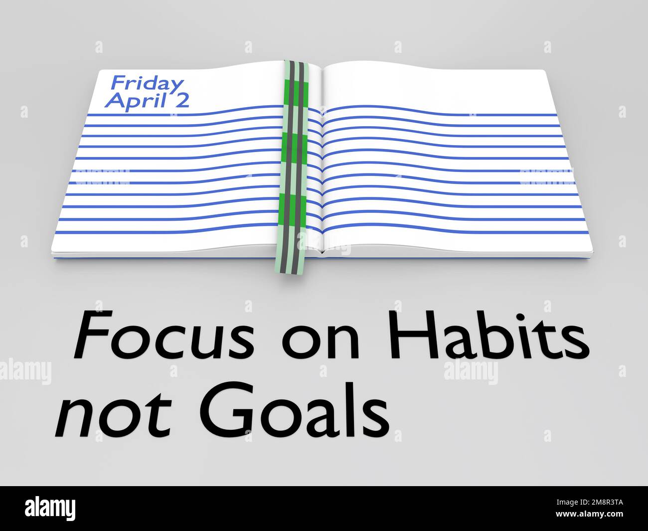 3D illustration of Focus on Habits not Goals script under an appointment calendar, isolated over gray. Stock Photo