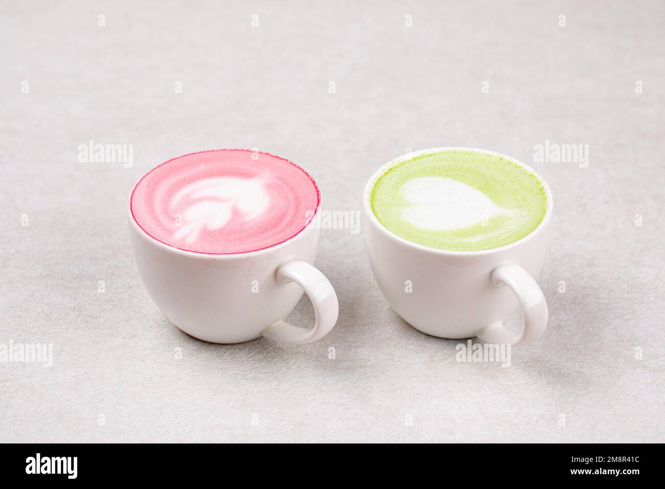 Two cups of different matcha latte drinks Stock Photo