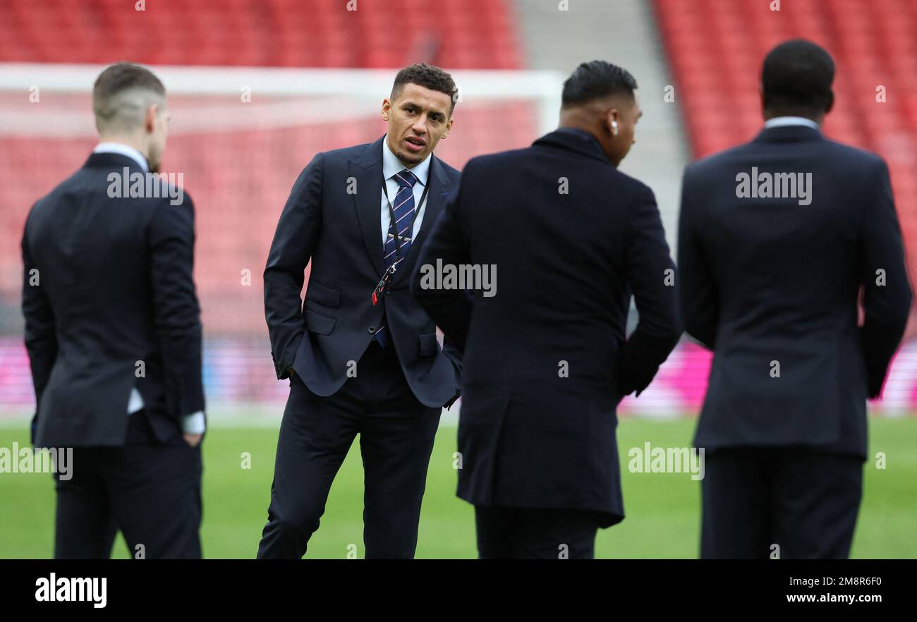 Soccer Football - Scottish League Cup - Semi Final - Rangers v Aberdeen - Hampden Park, Glasgow, Scotland, Britain - January 15, 2023 Rangers' James Tavernier with teammates on the pitch before the match REUTERS/Russell Cheyne Stock Photo