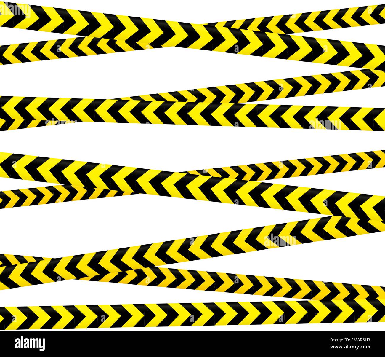 Crossed caution tape set. Yellow and black warning stripes. Repeated construction, hazard, danger sellotapes. Restriction and prohibition zones Stock Vector