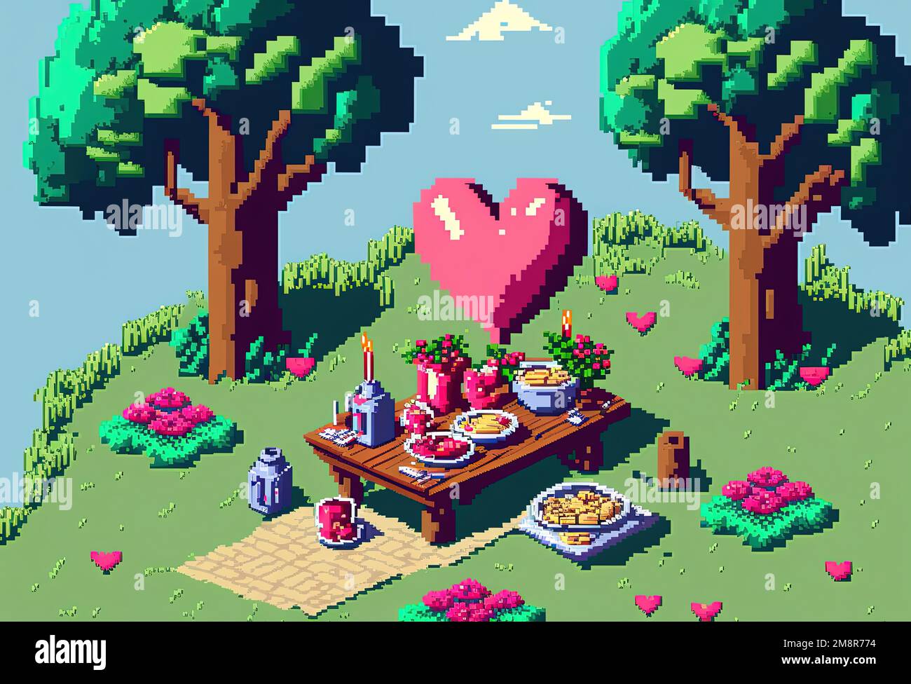 Pixelart Picnic Arrangement With Food and A Big Red Heart Stock Photo